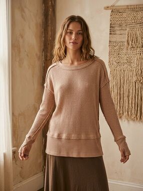 Free People Tan Wafle Knit Cotton Top Sz XS  lightweight layer